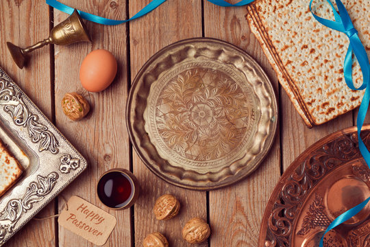 Vintage seder plate for jewish holiday Passover. View from above