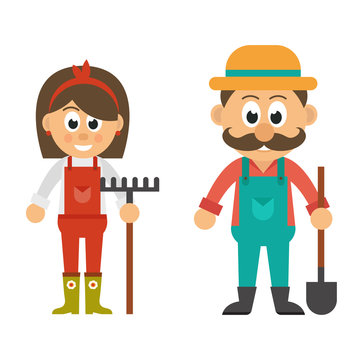 cartoon woman and man in overalls with rake and shovel