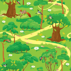 Seamless pattern - Green Forest Landscape with trees, flowers, b