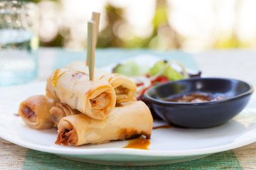 Spring rolls with vegetables, sweet mango chili sauce. Asian cuisine