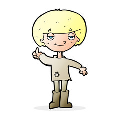 cartoon boy in poor clothing giving thumbs up symbol