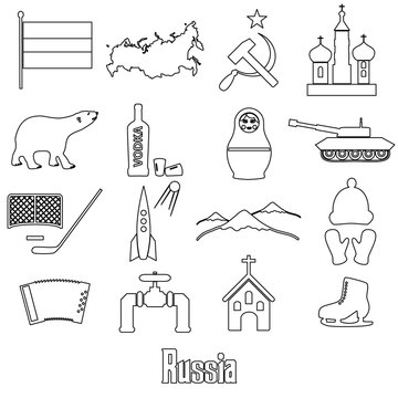 Russia country theme outline symbols icons set eps10