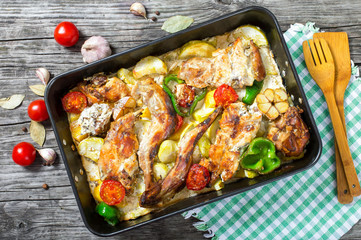 rabbit braised with sour cream and tomatoes, bell peppers, garli