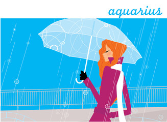 Young woman holding umbrella under rain. Aquarius woman horoscope illustration.