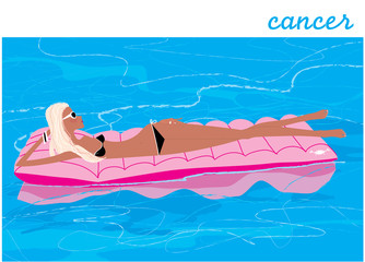 Cancer woman horoscope sign. Girl lying on swimming pool floating mattress.