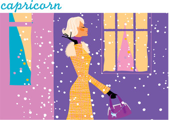 Capricorn horoscope sign as woman walking on the winter street