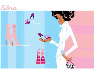Shoes shopping. Woman looking at the shoe.  Libra horoscope sign