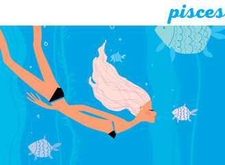 Woman diving in the sea with fishes. Pisces horoscope sign