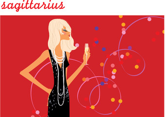 Sagittarius woman horoscope sign. Party pretty woman with champagne