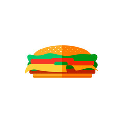 Color burger in flat style. Fresh cheeseburger on a white background. Isolated vector illustration of a junk food. Icon, logo for a cafe or restaurant