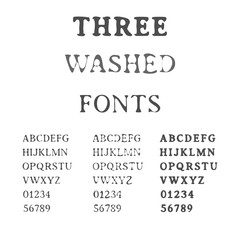 Three Handdrawn Fonts. Washed Latin Alphabet Set. Ink Typefaces.