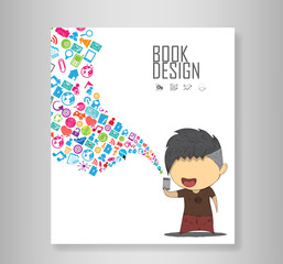 Book male teens playing with phone happy template design thinkin