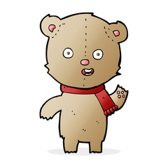 cartoon waving teddy bear with scarf