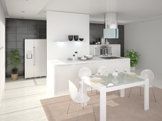Fototapeta na wymiar Large bright kitchen with modern furniture.