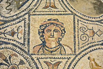 Morocco. Volubilis - archaeological site is on UNESCO World Heritage List. Fragment of mosaic "The Heracles twelve labors" in a house next to the Decumanus Maximus