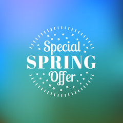 Spring Vintage Typographic Badge on Colorful Blurred Background. Spring Vector Illustration. Hello Spring. Greeting Card Design