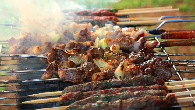 Tasty grilled meat, barbecue cookout, preparing kebabs outdoors, delicious meal on picnic. Full HD Video 1920x1080