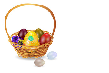 Easter eggs in basket on white background.