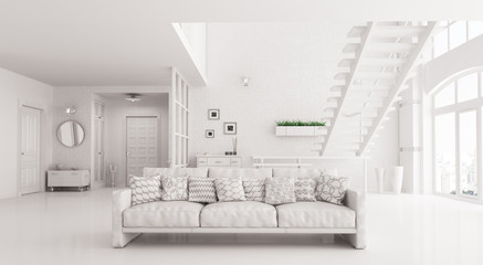 Interior of white living room with sofa 3d rendering