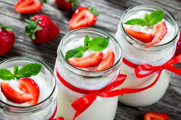 homemade yogurt with strawberries, top view