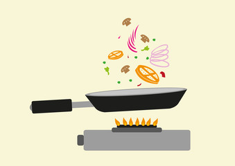 Frying Pan in Action with Flames from Gas Oven. Editable Clip Art. 
