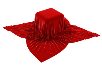 3d illustration of box covered by red velvet. Isolated on white background 