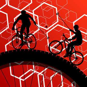 Cyclist active man bicycle rider in abstract sport landscape bac