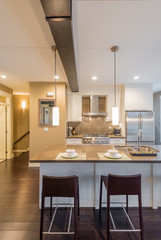 Modern, bright, clean, kitchen interior with stainless steel appliances in a luxury house