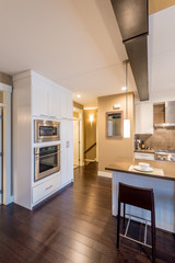 Modern, bright, clean, kitchen interior with stainless steel appliances in a luxury house