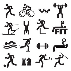 Sport fitness icons.
Black Icons with sport, fitness and healthy lifestyle activities. Vector available.
