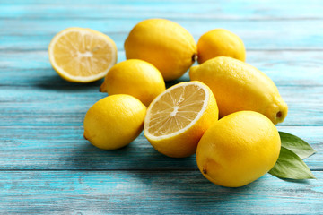 Lemon fruits on a blue wooden table