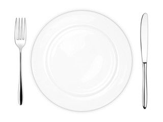 place setting with dish knife and fork isolated on white background
