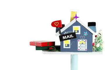 wooden craft house mailbox with gift box of holiday