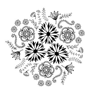 Abstract floral circle with doodle flowers. Round zentangle for coloring book pages