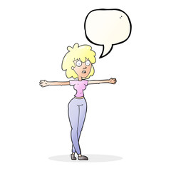 speech bubble cartoon woman spreading arms