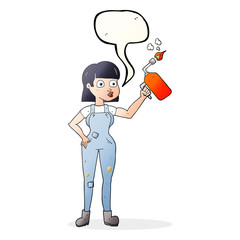 speech bubble cartoon woman in dungarees