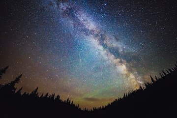 Milky Way galaxy rises over the forest in summer time