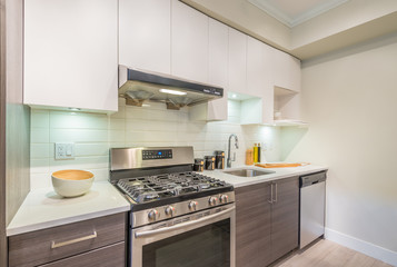 Modern, bright, clean, kitchen interior with stainless steel appliances in a luxury house