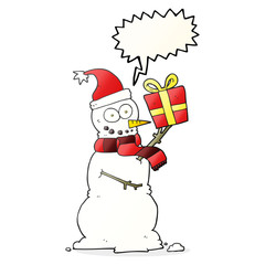 speech bubble cartoon snowman holding present