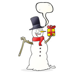 speech bubble cartoon snowman holding present