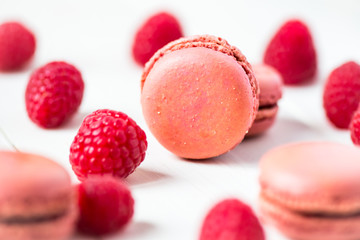 Raspberry Macaroons with Raspberries on Light Background