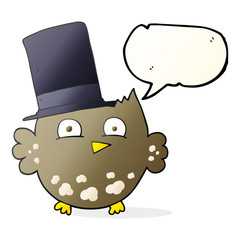 speech bubble cartoon little owl with top hat