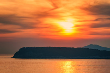 Sunset on the Adriatic sea with beautiful sky over Elafiti islands in Croatia