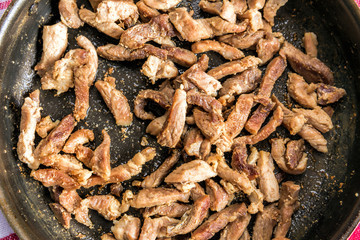 Slices of fried meat in a frying pan