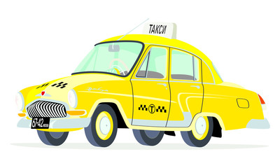 Caricatura GAZ Volga M21 taxi Moscú - Rusia amarillo vista frontal y lateral