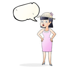 speech bubble cartoon woman wearing sun hat