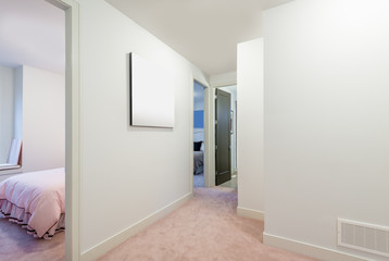View, Perspective of an empty corridor with railings and stair. Interior design.