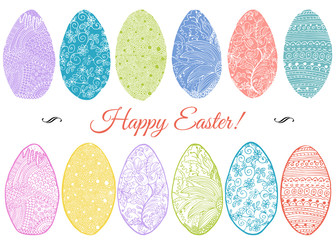 Ornamental hand drawn sketch of easter eggs in zentangle style. vector illustration with ornament and lettering happy easter, isolated