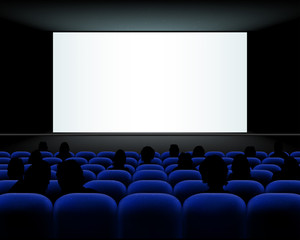 Naklejka premium Cinema auditorium with seats, peoples and blank screen