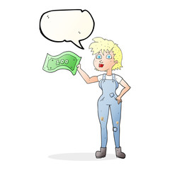 speech bubble cartoon confident farmer woman with money